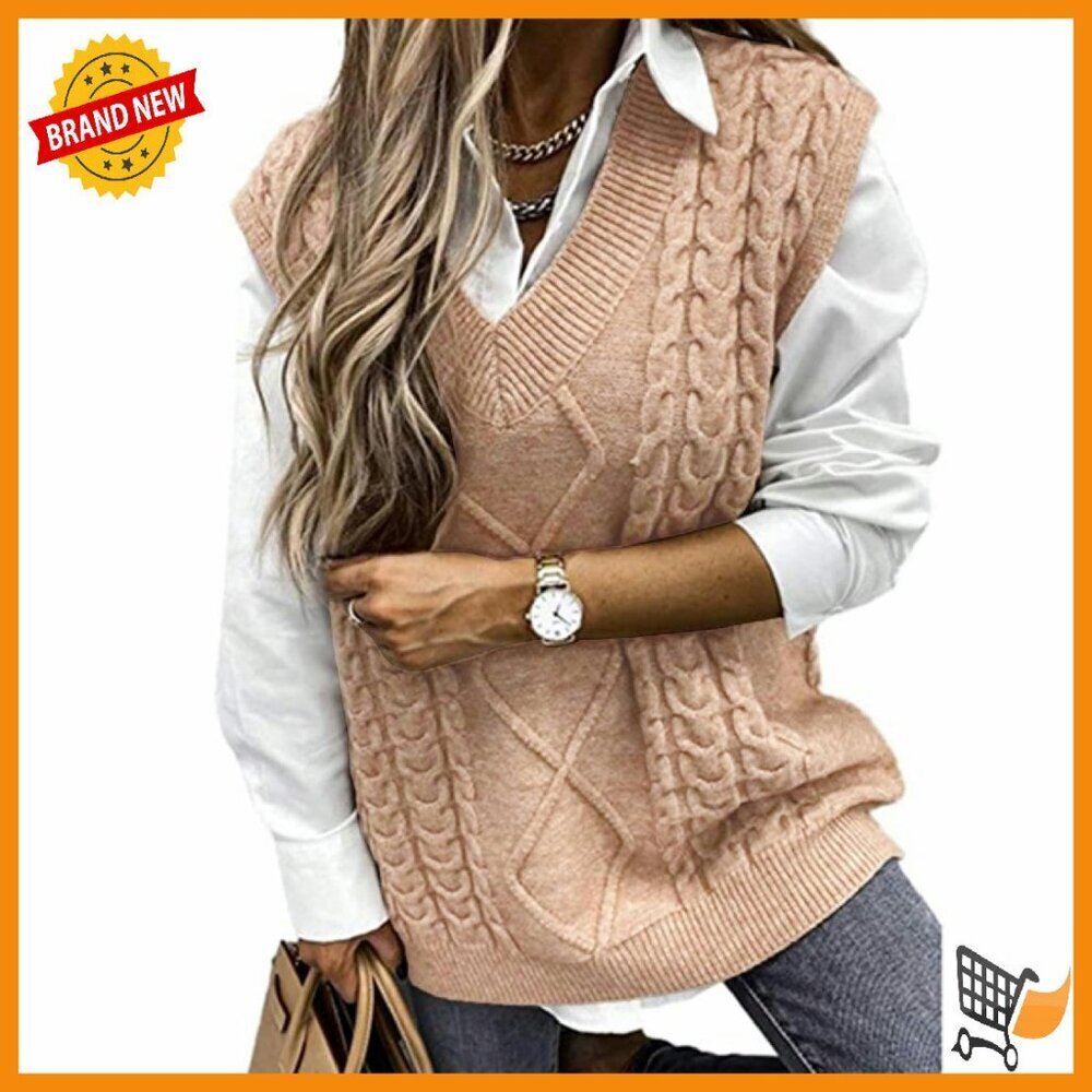 Women's Cable Knit Sweater Vest Loose Fit V-Neck Sleeveless Top